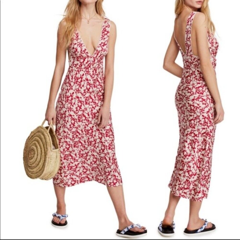 (NWT) Free People Red and White Vneck Plunge Mini Dress Size 2